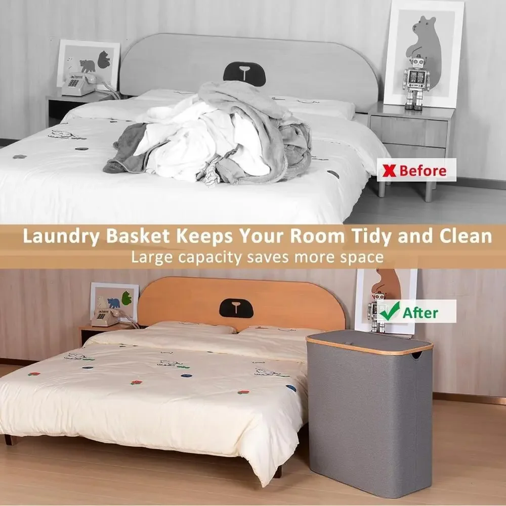 iEGrow 150L Laundry Hamper with Lid, 2 Removable Inner Bags, Bamboo Handles